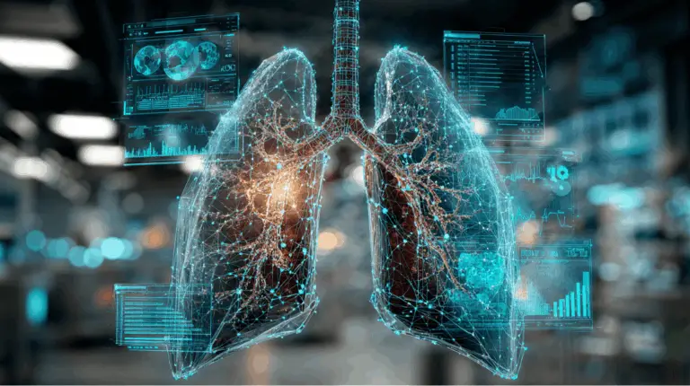 Image numérique de poumons analysés par intelligence artificielle avec des données médicales affichées