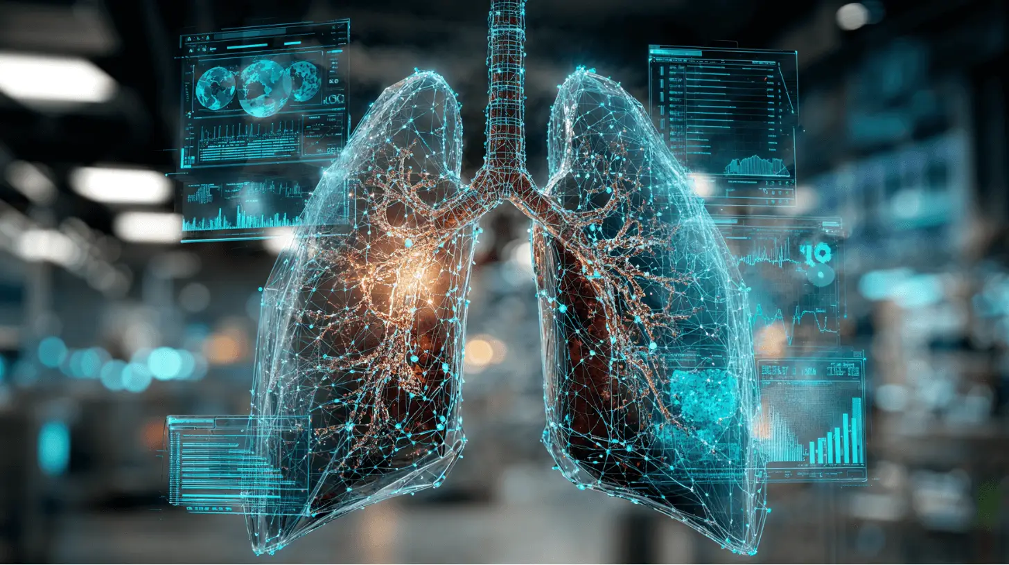 Image numérique de poumons analysés par intelligence artificielle avec des données médicales affichées