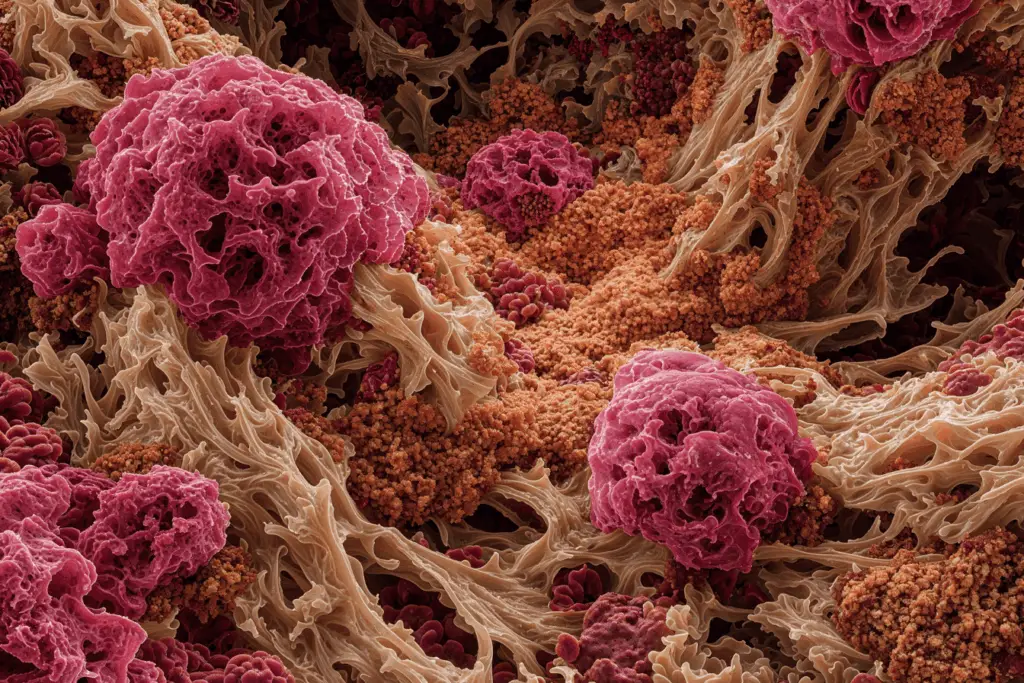 Observation microscopique de cellules cancéreuses se développant dans la prostate