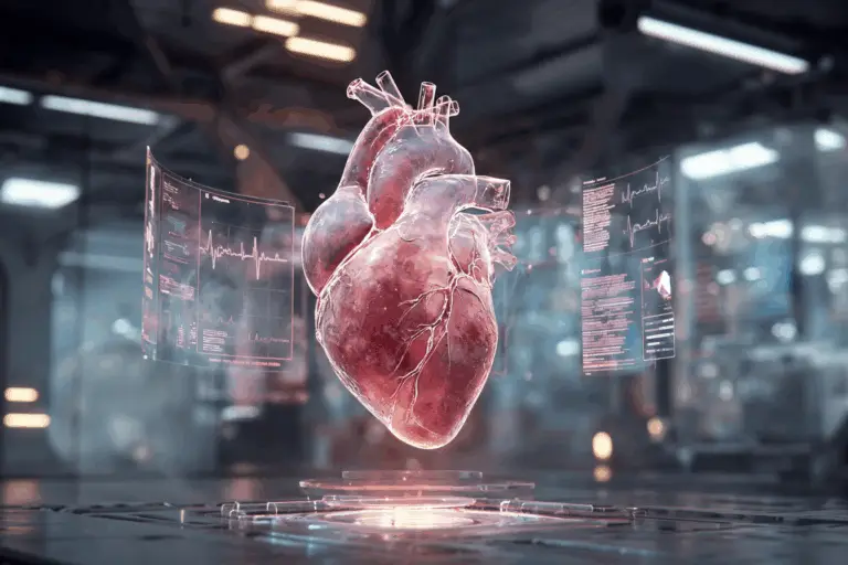 Cœur réaliste en lévitation avec écrans holographiques médicaux