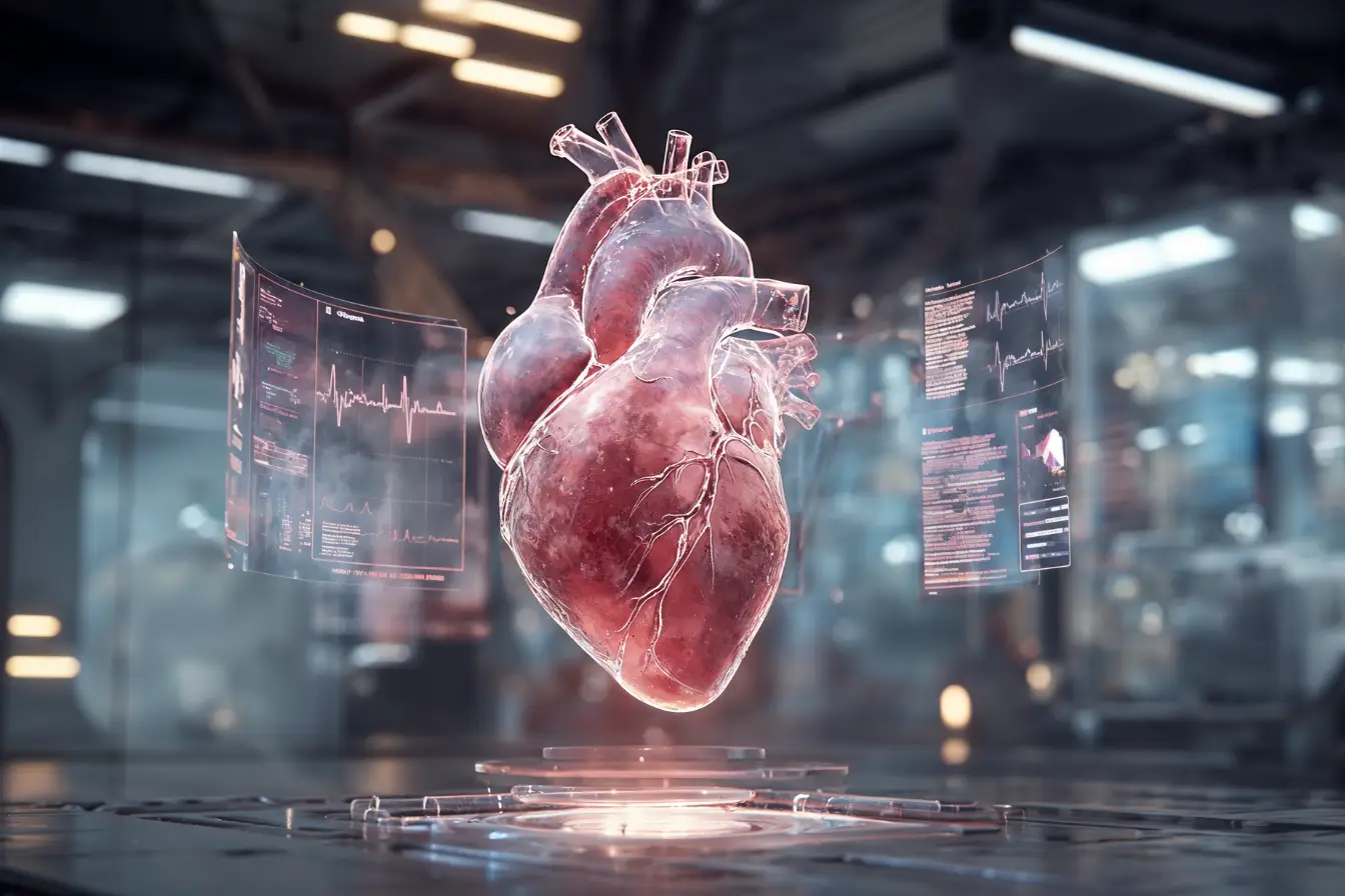 Cœur réaliste en lévitation avec écrans holographiques médicaux