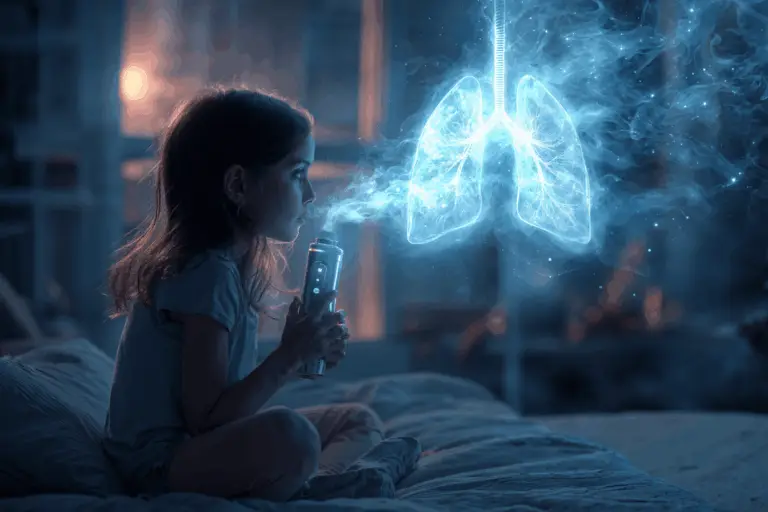 Jeune fille dans une chambre sombre observant une projection lumineuse bleue représentant des poumons